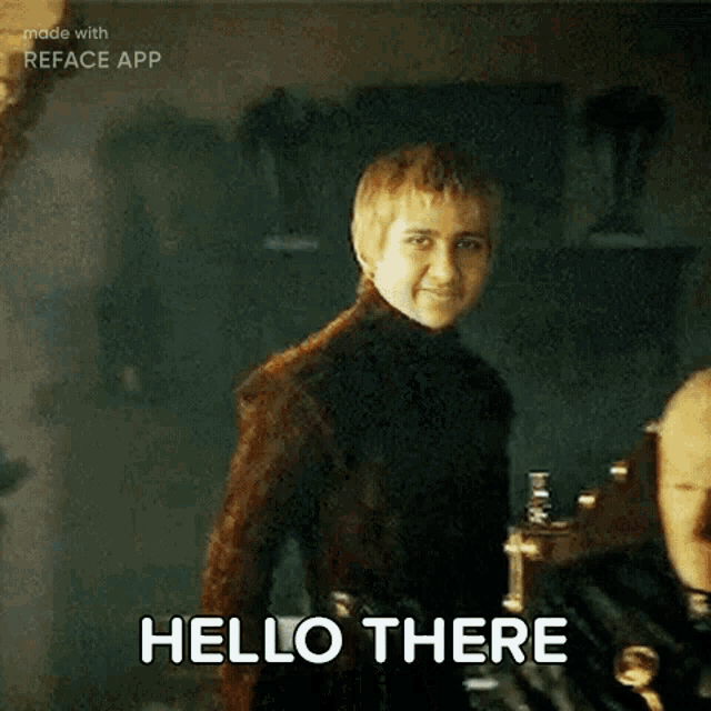 a man from game of thrones is standing in front of a man and says `` hello there '' .