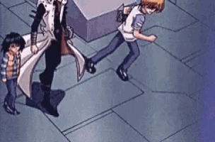 a group of anime characters are walking on a tiled floor .