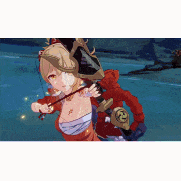 a girl in a red dress is holding a bow and a sword