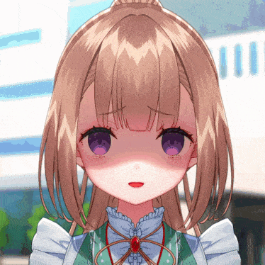 a close up of a girl 's face with a purple eye