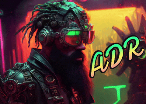 a man with dreadlocks and goggles is standing in front of a neon sign that says adr