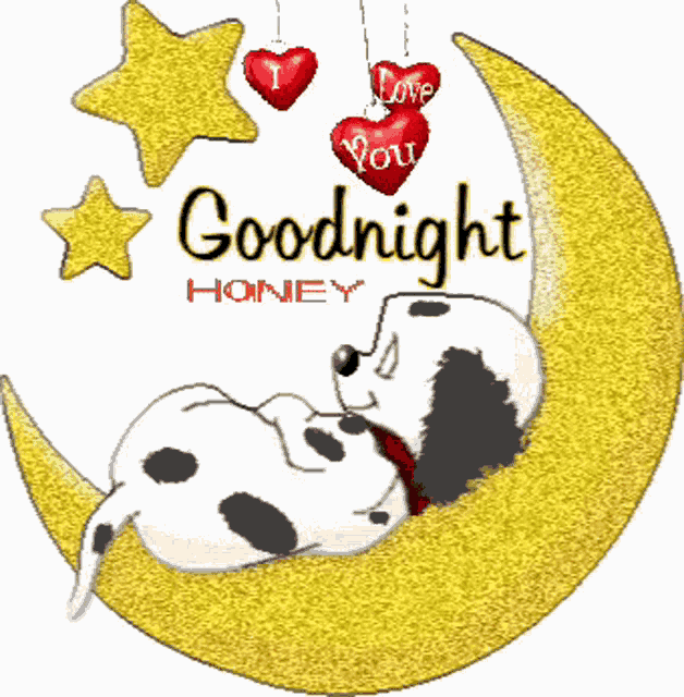 a dalmatian dog laying on a crescent moon with the words goodnight honey written on it