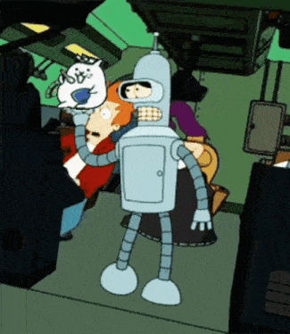 a cartoon of bender from futurama holding a cat on his head