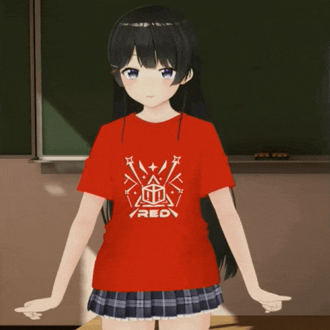 a girl wearing a red t-shirt that says red