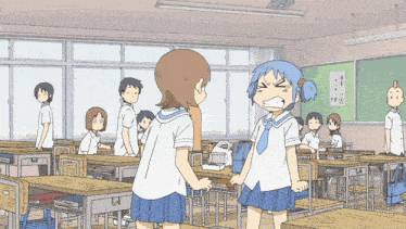 a cartoon of two girls standing in a classroom with a sign on the wall that says ' a ' on it