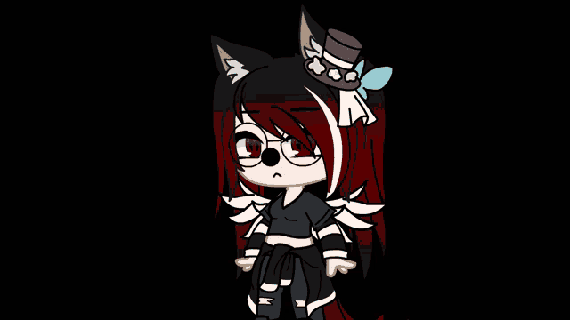 a girl with red hair and glasses is wearing a black top hat