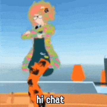 a cartoon character says hi chat while walking on a beach .