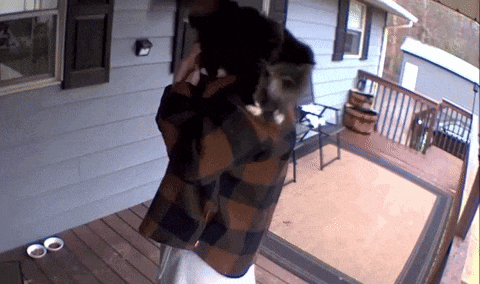 a man in a plaid shirt is holding a cat in his arms