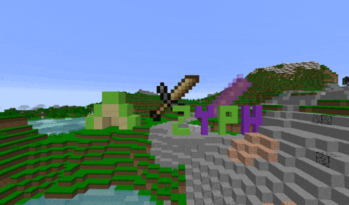 a minecraft world with a sword and the word yjah