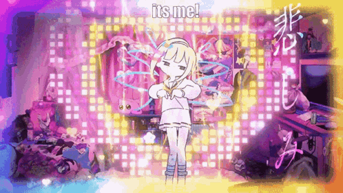 a cartoon girl is standing in front of a colorful background with the words `` it 's me ! ''