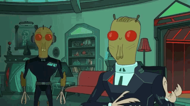 a cartoon of two aliens standing next to each other in a room