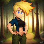 a cartoon girl with blonde hair and blue eyes is standing in the woods .