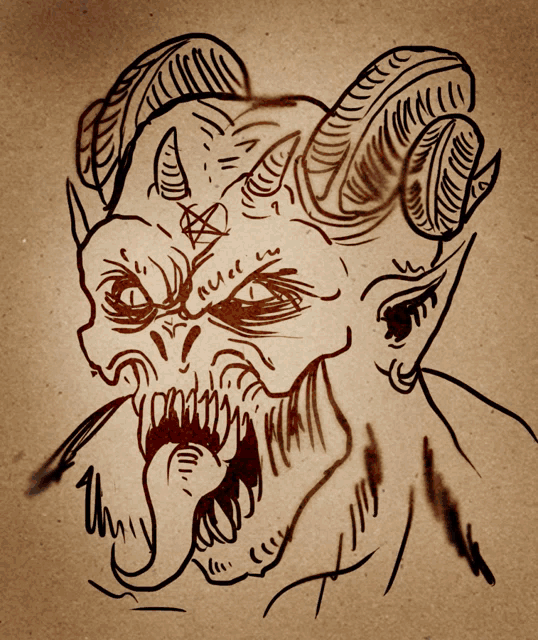 a drawing of a demon with horns and a tongue hanging out