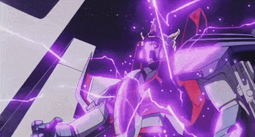 a robot with purple lightning coming out of it 's chest