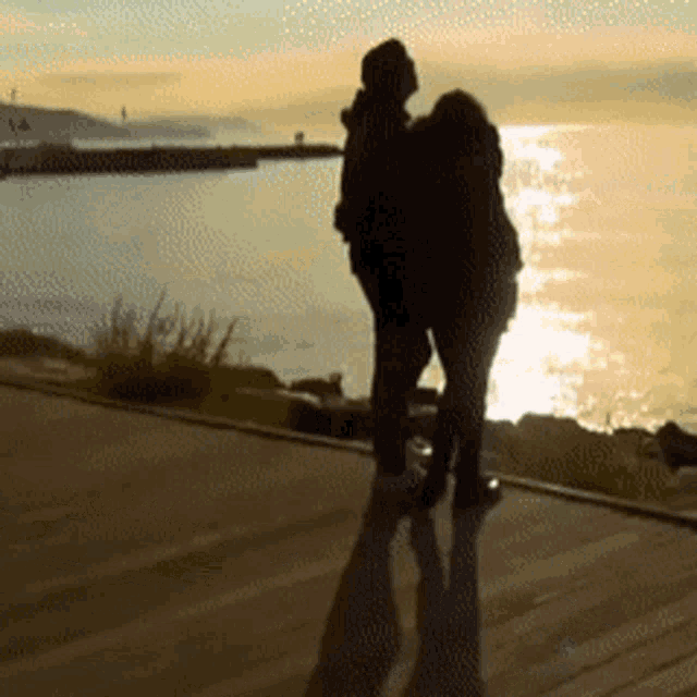 a couple standing on a boardwalk looking at the water
