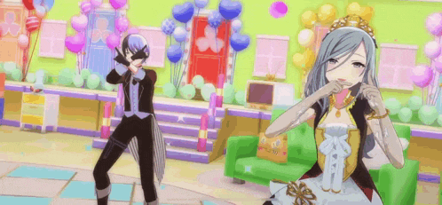 a man and a woman are dancing in a living room .