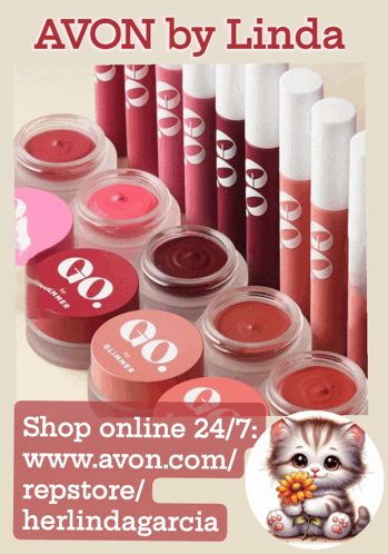 an advertisement for avon by linda cosmetics with a cat holding a flower