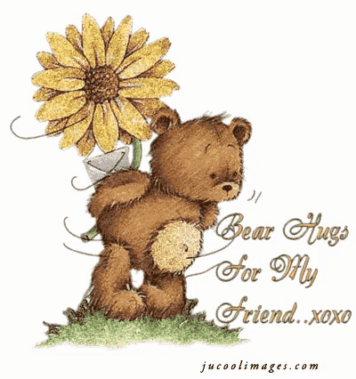 a teddy bear holding a sunflower with the words bear hugs for my friend xoxo on the bottom