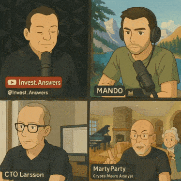 a cartoon drawing of a group of men including cto larsson and martyparty