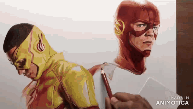 a drawing of a man in a flash costume is made in animatica