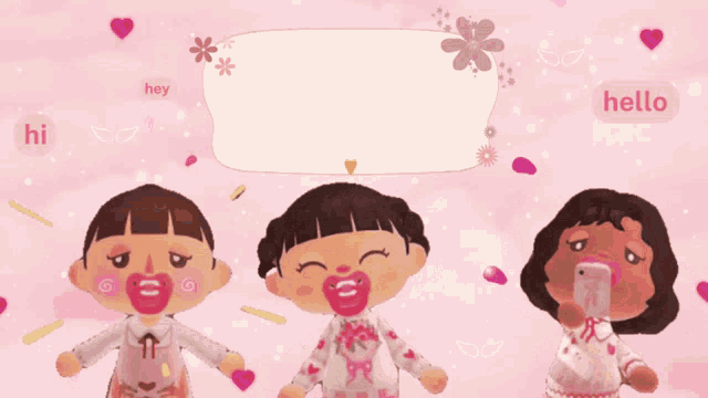 a welcome to icry sign with three dolls on a pink background