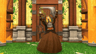 a woman in a brown dress stands in front of a wooden door with her arms in the air