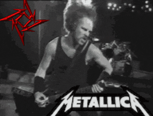 a black and white photo of a man playing a guitar with the metallica logo in the corner