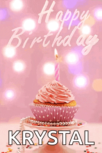 a birthday card for krystal with a pink cupcake and candle