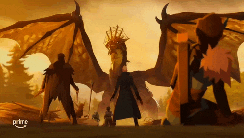 a group of people standing in front of a large dragon with the word prime on the bottom right