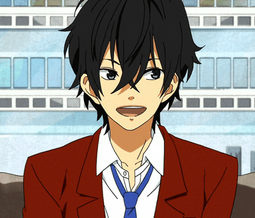a boy with black hair wearing a red jacket and blue tie