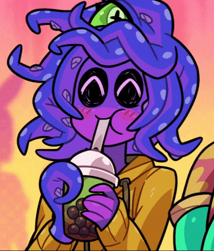 a cartoon drawing of a purple monster drinking from a cup