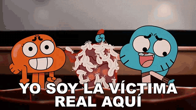 a cartoon character with the words yo soy la victima real aqui on the bottom