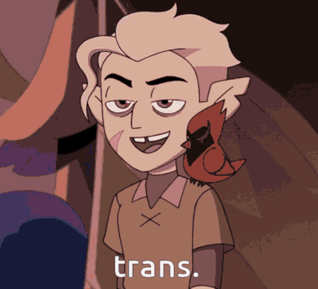 a cartoon character with a bird on his shoulder and the word trans written below him
