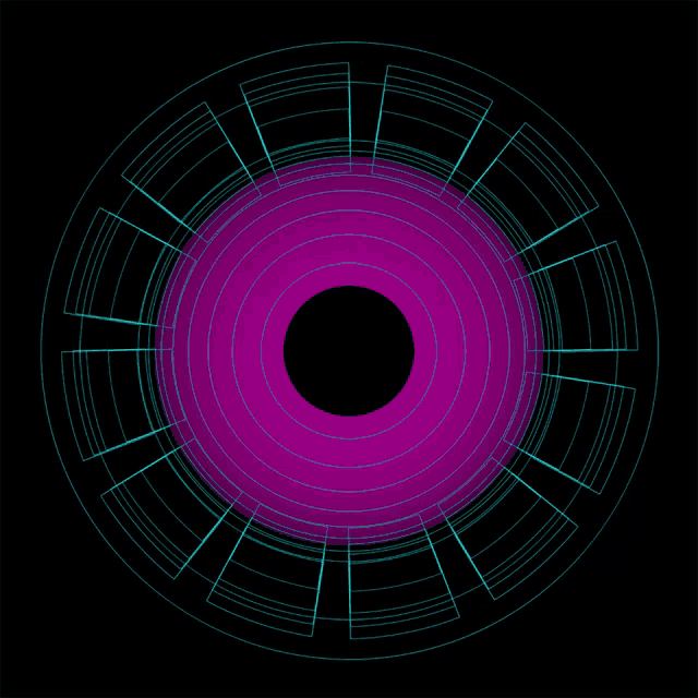a purple circle with a black center is surrounded by blue lines
