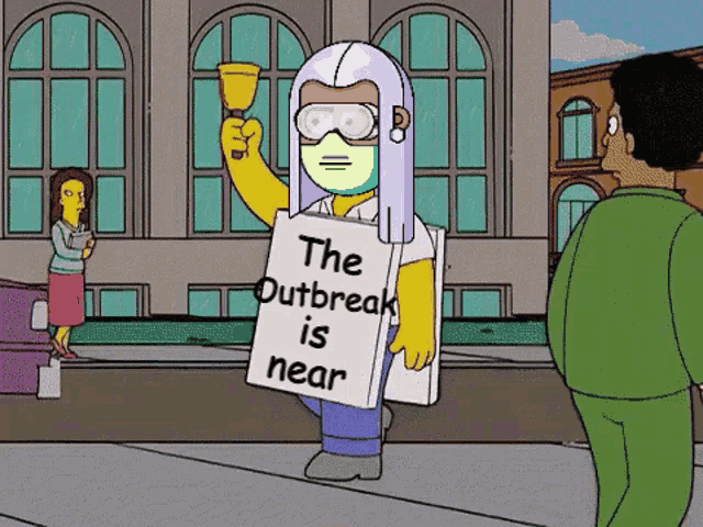 a cartoon character has a sign that says the outbreak is near