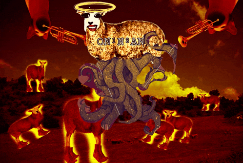 a painting of a sheep with the words on n'an on it