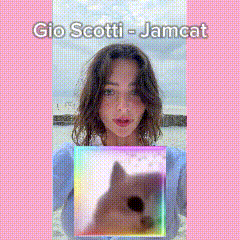 a woman is holding a picture of a cat with the name gio scotti jamcat