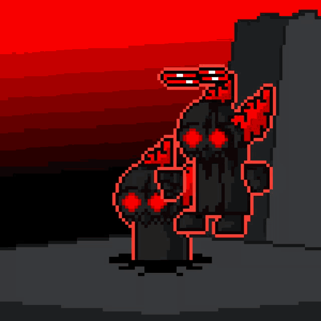 a pixel art of a person holding a gun with red eyes