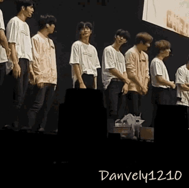 a group of young men are standing in a row on a stage with danvely1210 written on the bottom of the image .