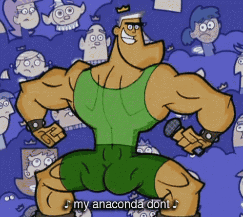 a cartoon character is holding a microphone and says " my anaconda dont " on the bottom