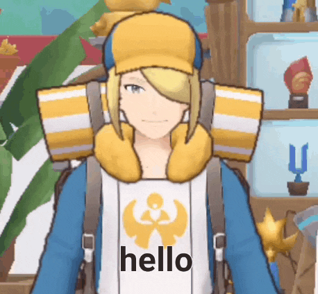 a cartoon character is wearing a backpack and a hat and says hello