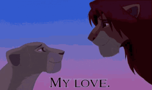 a lion and a lioness looking at each other with the words " my love " written below them