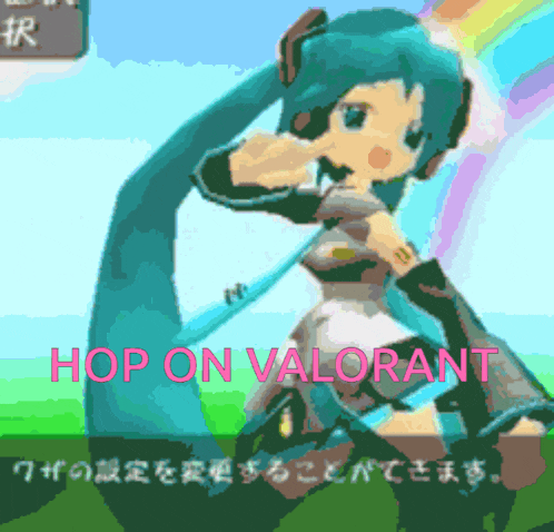 a pixel art of hatsune miku with the words hop on valorant