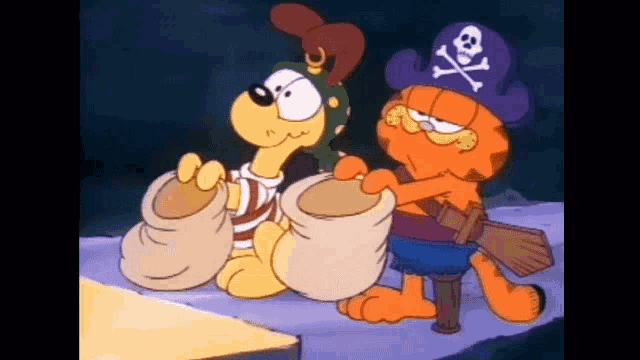 a cartoon of garfield and a worm dressed in pirate outfits