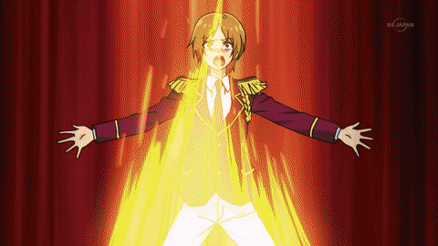 a man in a suit is surrounded by flames and says bs japan in the corner