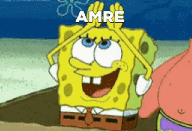 a cartoon of spongebob and patrick on the beach with the words amre above them