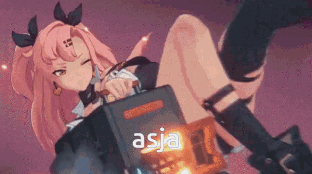 a pink haired anime girl is holding a briefcase and the word asja is on the bottom
