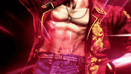 a man in a red shirt with gold dragons on it