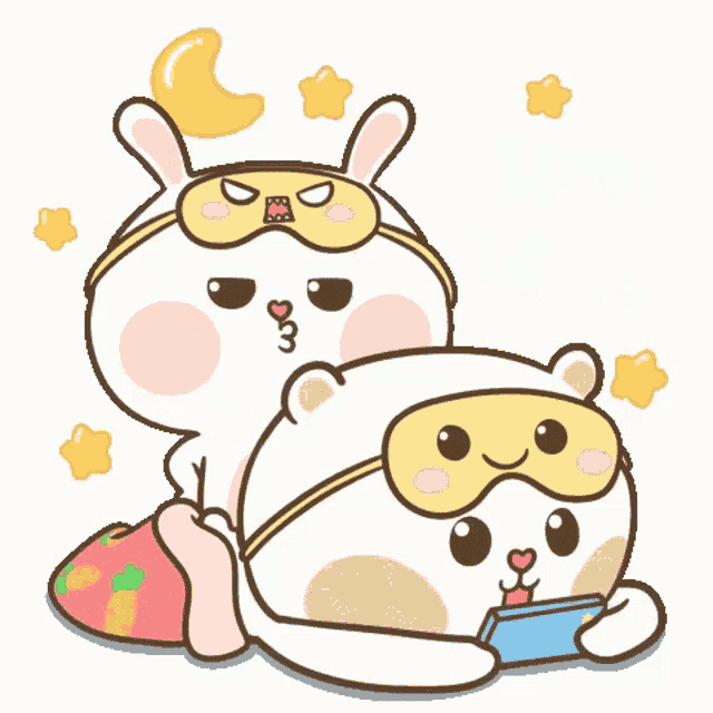 a cartoon of a rabbit and a bear wearing sleep masks with a moon in the background .