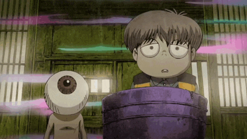 a cartoon character with a big eye is standing next to another character with a smaller eye